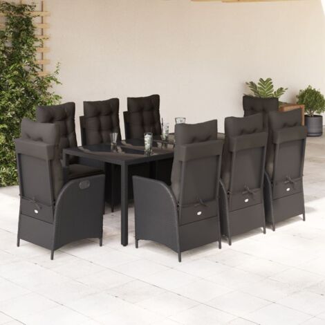 Ensemble de Jardin Extérieur 9 Pièces en Résine Tressée Noir avec Coussins - Table et Chaises incl. verre trempé (1/5)