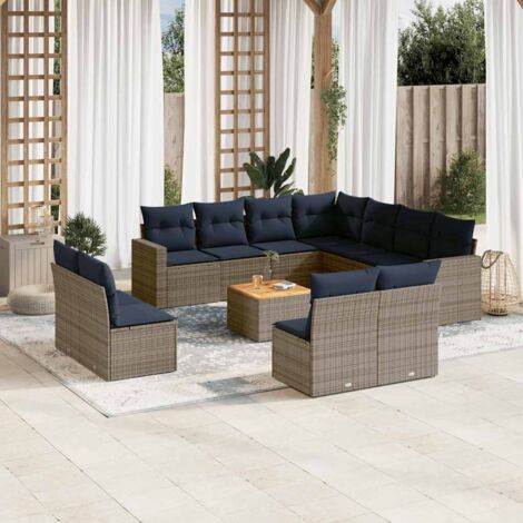 Ensemble salon jardin modulaire 12 places gris résine tressée avec 11 coussins siège lavables et table en acacia (1/5)