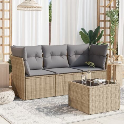 Ensemble Salon Jardin 4 Places en Résine Tressée Beige avec Coussins Gris, Table Verre Trempé Modulaire L179 x P62 x H69 cm (1/3)