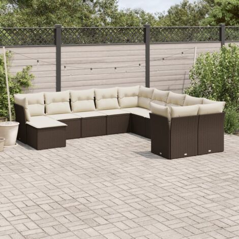 Ensemble Canapé Jardin 11 Pièces Marron Résine Tressée, Salon Modulaire avec Coussins Blancs et Tabouret (1/3)