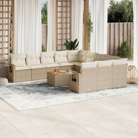 Ensemble de Jardin Résine Tressée Beige avec 12 Coussins - 11 Sièges Modulaires, Table Acacia et Rangement (1/3)