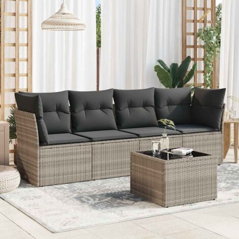 Canapé de Jardin 5 Places avec Table et Coussins Gris en Polyrotin Modulaire avec Rangement Intégré, Verre Trempé et Housses Lavables (1/3)