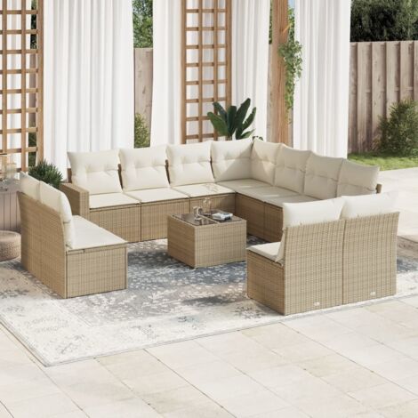 Ensemble de Salon de Jardin Modulaire en Résine Tressée Beige 12 Places avec Coussins et Table en Verre Trempé (1/3)