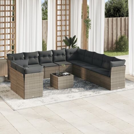 Salon de jardin en résine tressée gris avec coussins, 12 pièces, table et rangements intégrés (1/3)