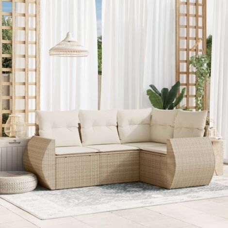 Ensemble de jardin modulaire 4 places en résine tressée beige avec rangement et coussins blanc crème (1/3)