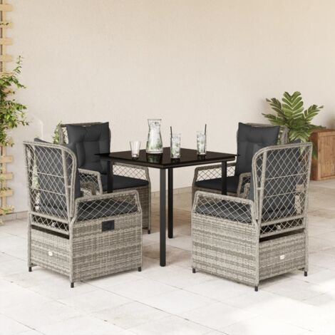 Ensemble de Jardin 5 Places Gris : Table 80x80 cm en Verre Trempé, 4 Chaises Réglables en Résine Tressée avec Coussins Amovibles (1/5)