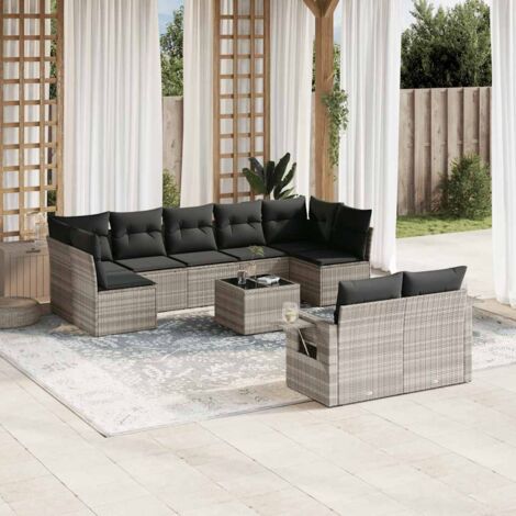 Canapé de Jardin en Résine Tressée avec Table en Verre Trempé et Coussins Gris - 10 Pièces Modulaires Meuble Jardin Gris Clair Poly Rotin (1/5)