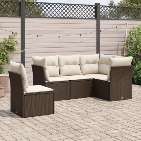 Ensemble de Salon de Jardin 5 Places en Résine Tressée Marron avec Coussins Crème et Dossier Modulaire pour Terrasse (1/3)