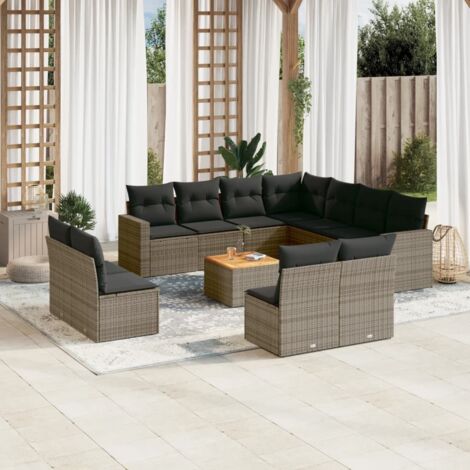Ensemble de salon de jardin en résine tressée gris, 12 coussins, modulaire avec rangement, table acacia (1/5)