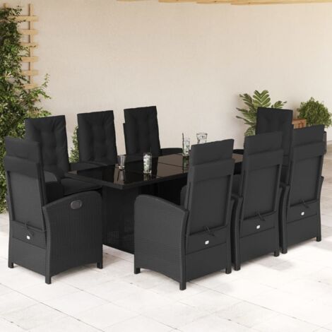Ensemble Jardin 9 Pièces Résine Tressée Noire avec Table Verre 190cm et Coussins Détachables (1/5)