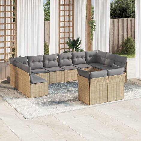 Salon de jardin modulaire 12 places en résine tressée beige avec coussins gris, rangement intégré - Ensemble canapé-terrasse (1/3)