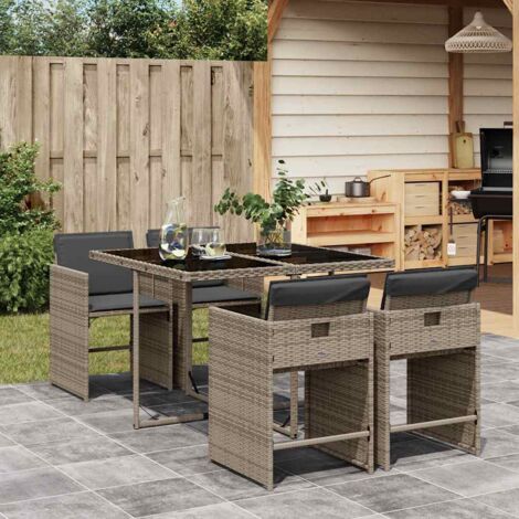 Ensemble de Jardin 5 Pièces Gris Résine Tressée, Table Verre Trempé avec 4 Chaises Pliantes et Coussins Dossiers Amovibles Lavables (1/5)