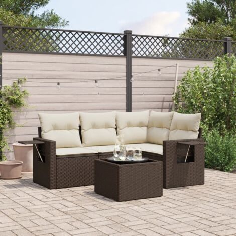 Set de salon de jardin 4 places en résine tressée marron avec 5 coussins et table (1/3)