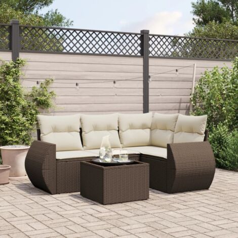 Ensemble de Salon Jardin 5 Places avec Coussins Gris Résine Tressée, Table Verre Trempé, Modulaire (1/5)