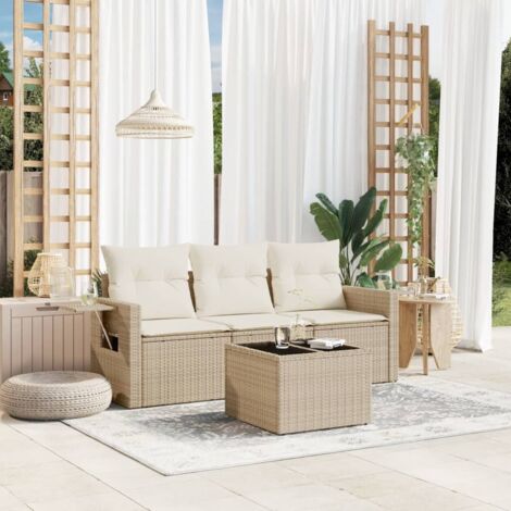 Ensemble de salon jardin modulaire 4 places en résine tressée beige avec rangement, table et coussins lavables - L 55x62x69 cm - Matière synthétique durable extérieur (1/3)