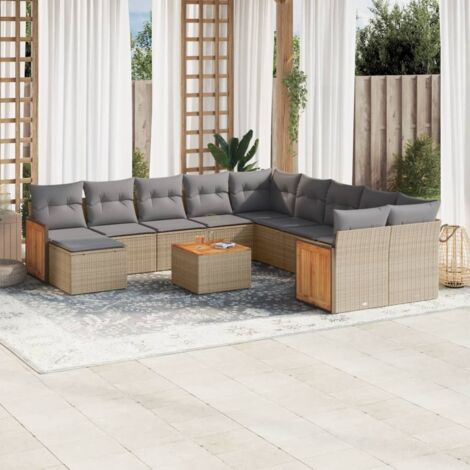Ensemble Salon Jardin Beige Résine Tressée Modulaire 12 Pièces avec Coussins Lavables - Table Acacia (1/5)