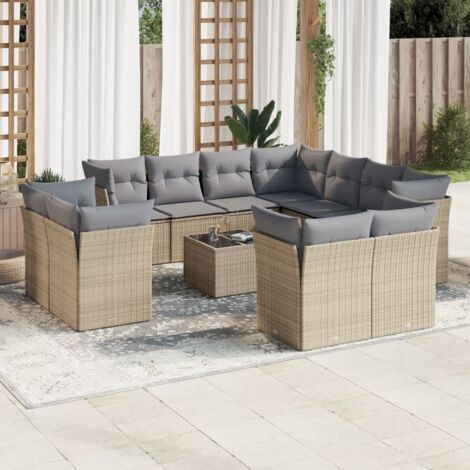 Ensemble Canapé Jardin Résine Tressée Beige 12 Pièces avec Table Verre et Coussins Gris Amovibles (1/3)