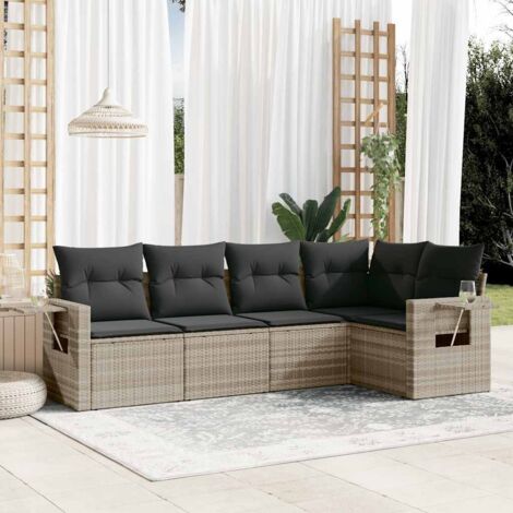 [Canapé de jardin 5 places] + [Sans marque] + [Modulaire, tablettes intégrées] + [En résine tressée gris clair, coussins gris foncé amovibles] (1/5)