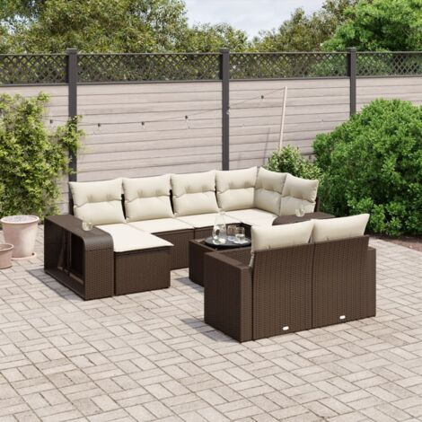 Canapé de jardin modulaire 11 pièces en résine tressée marron avec verre trempé et coussins lavables, idéal pour terrasse et extérieur (1/5)