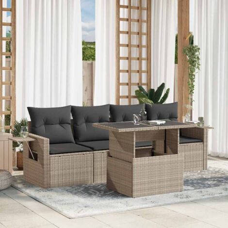 Canapé de Jardin 5 pièces en Résine Tressée Gris Clair avec Table Réglable et Coussins Anthracite (1/5)