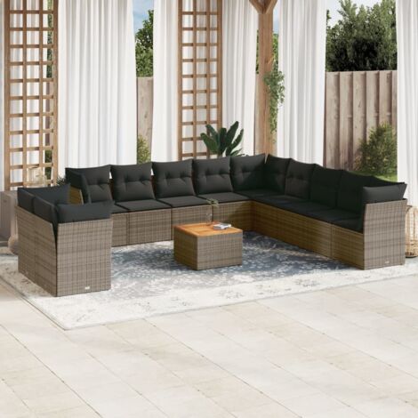 Ensemble canapé de jardin modulaire 12 places gris polyrotin avec coussins et table en acacia, dimensions personnalisables, résine tressée durable, facile à nettoyer. (1/3)