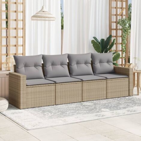 Ensemble Salon de Jardin Beige en Résine Tressée - Canapé Modulaire 4 Places avec Coussins Gris (2x Angle, 2x Central, 110kg/Place) (1/3)
