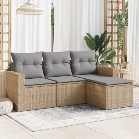 Ensemble Salon Jardin Modulaire 4 Places en Résine Tressée Beige avec Coussins Gris (1/3)