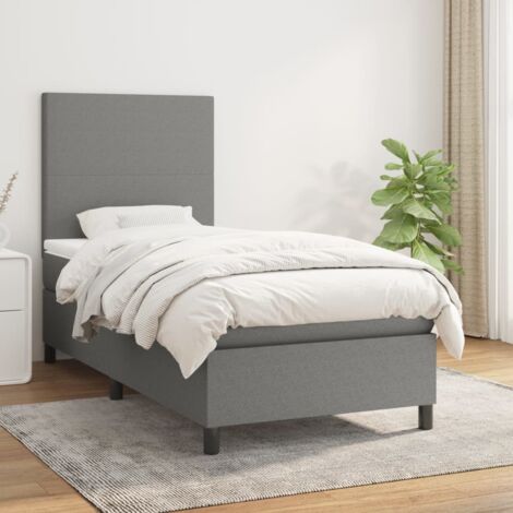 Lit Sommier à Lattes avec Matelas Intégré Gris foncé 90x200 cm, Tête de Lit Réglable, Tissu Résistant Polyester, Inclut Surmatelas (1/5)