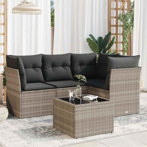 Salon de jardin 5 places en résine tressée gris clair avec coussins et table en verre trempé - Ensemble modulaire design pour terrasse (1/3)