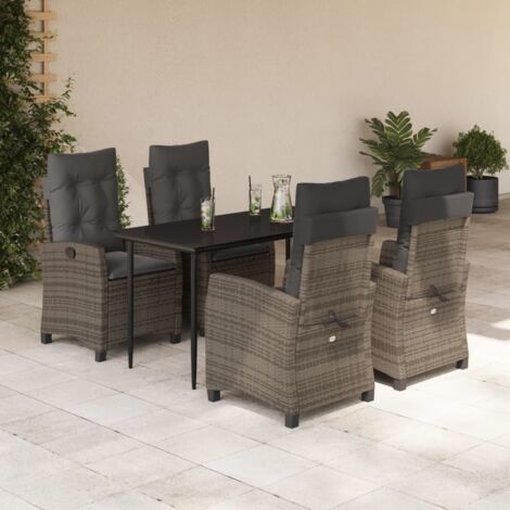 Ensemble de Jardin 5 Pièces en Résine Tressée Gris, Table Verre Trempé 140x70 cm avec 4 Chaises Inclinables et Coussins Détachables (1/5)
