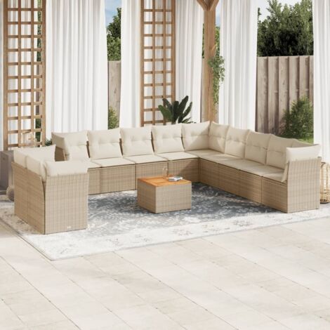 Salon de Jardin 12 Places en Résine Tressée Beige avec Table et Coussins Détachables (1/3)