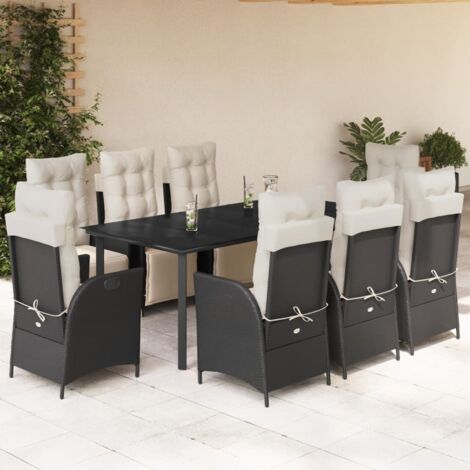 Ensemble de Jardin 9 Places Noir Résine Tressée avec Table en Verre et Coussins 8 Fauteuils Inclinables (1/5)
