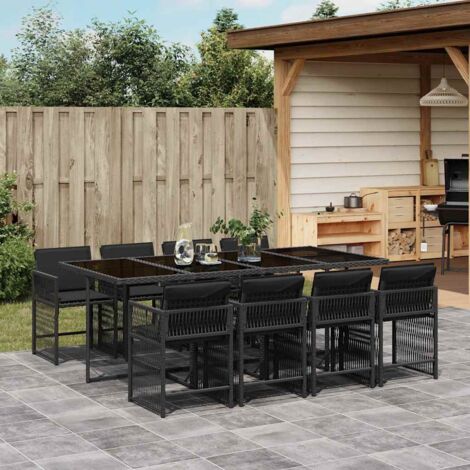 Ensemble de salle à manger jardin 9 places en résine tressée noire avec table en verre trempé et coussins amovibles (1/5)