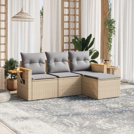 Ensemble Modulaire Salon de Jardin 4 Places en Résine Tressée Beige, Canapé d'Extérieur avec Accoudoirs, Coussins Gris Lavables et Table d'Appoint (1/5)