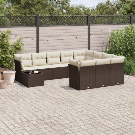 Ensemble de jardin en résine tressée marron 11 pcs avec coussins et table en verre (1/3)