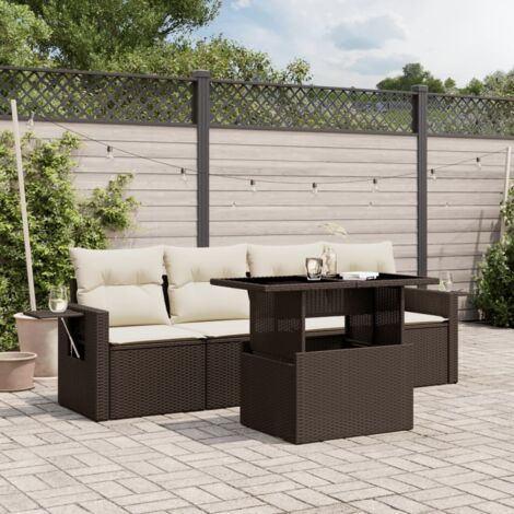 Ensemble modulable de salon de jardin en résine tressée marron, 5 pièces avec coussins et table réglable (1/5)