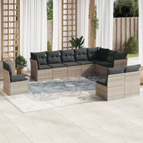 Salon de jardin modulaire 10 pièces en résine tressée gris clair avec coussins et rangement (1/3)