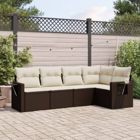 [Canapé de jardin 5 places] [Modulable avec rangement et table] [En résine tressée marron, coussins blanc crème incl.] (1/3)