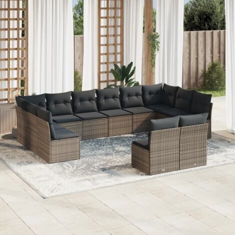 Canapé Salon Jardin 12 Places Gris Résine Tressée & Coussins Amovibles 55x55cm (1/3)