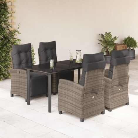 Ensemble Jardin 5 Places avec 4 Fauteuils Relax Gris et Table en Verre Trempé 160x80 cm - Résine Tressée (1/5)