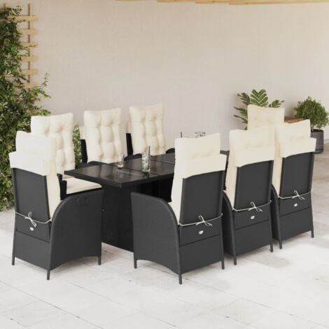 Ensemble à Manger Jardin 9 Places Noir Résine Tressée avec Coussins Crème et Table en Verre Trempé 190x80 cm (1/5)