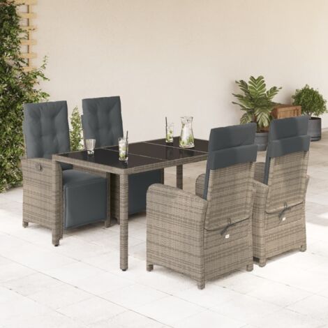 Ensemble de jardin 5 places avec table en verre, chaises inclinables en résine tressée grise et coussins lavables (1/5)