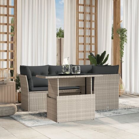 Salon de jardin 5 places Gris clair en résine tressée avec table réglable, sièges d'angle et coussins lavables (1/5)