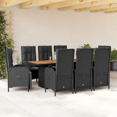 Ensemble de Jardin 9 Pièces en Résine Tressée Noir avec Coussins et Table Acacia, Siège Réglable (1/5)