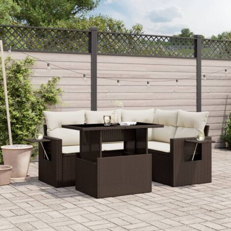 Salon de Jardin en Résine Tressée Marron - Ensemble 5 Places avec Coussins Crème, Table Réglable et Tables d'Appoint Pliables - Modulaire et Résistant aux Intempéries (1/5)