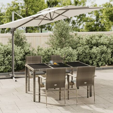 Ensemble Jardin 4 Chaises Gris Polyrotin + Table Verre Trempé 150cm, Set Repas Exterieur (1/5)