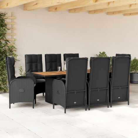 Ensemble de Jardin 9 Pièces Noir - Table en Acacia et Chaises inclinables en Résine Tressée avec Coussins (1/5)