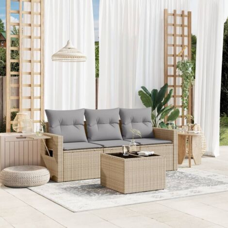[Salon de Jardin] + Maison Moderne + [Set 4 Places] + Résine Tressée Beige avec Coussins et Table Intégrée (1/3)