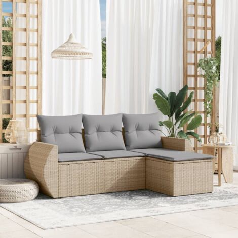 Ensemble Salon Jardin Modulaire 4 Places Beige Résine Tressée avec Coussins Gris et Rangement (1/3)