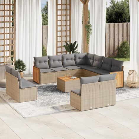Ensemble de jardin 12 places en résine tressée beige avec coussins et table en acacia, modulaire (1/5)